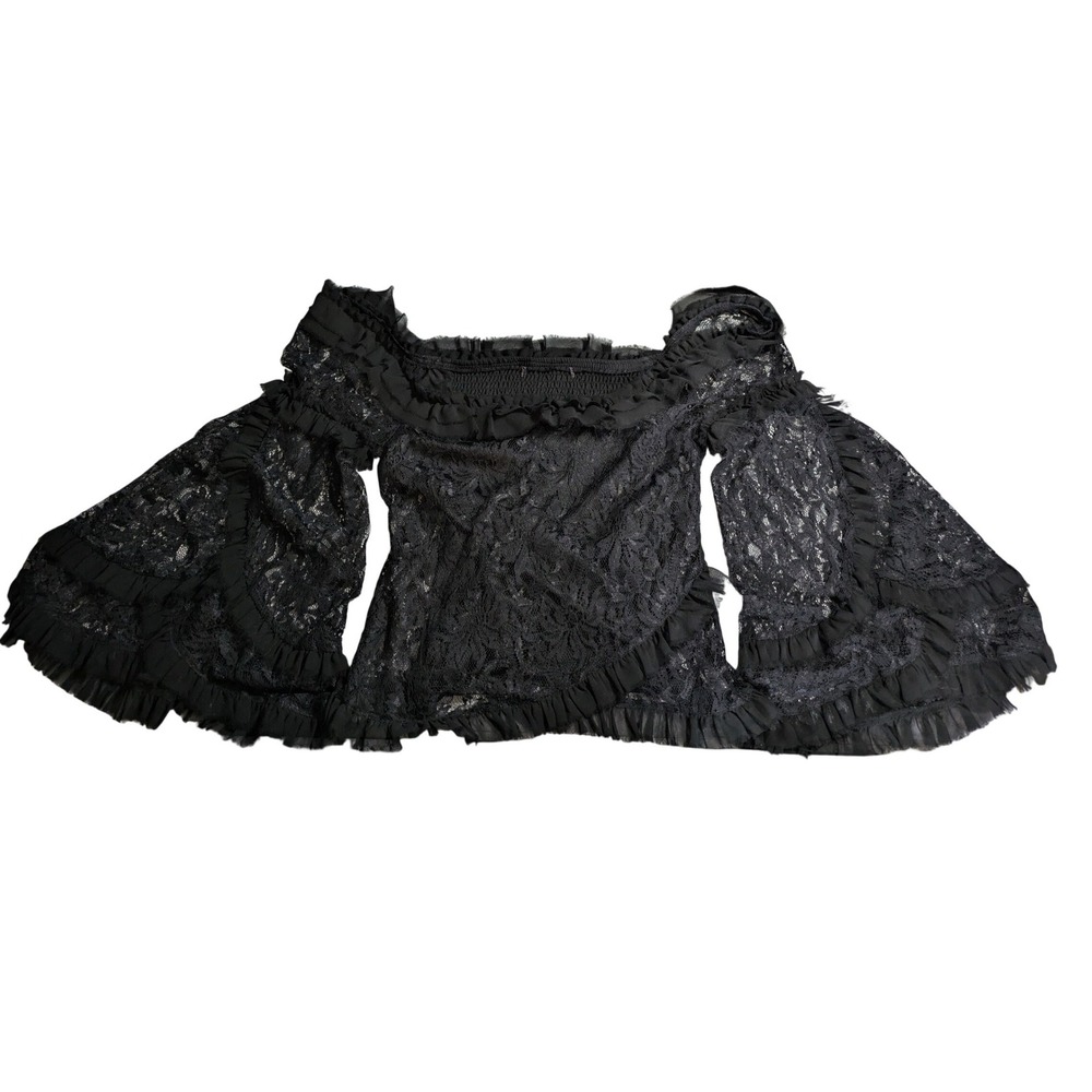 Whimsigoth Dark Fairy Top Medium Black Lace Off Shoulder Tiered Bell Sleeve